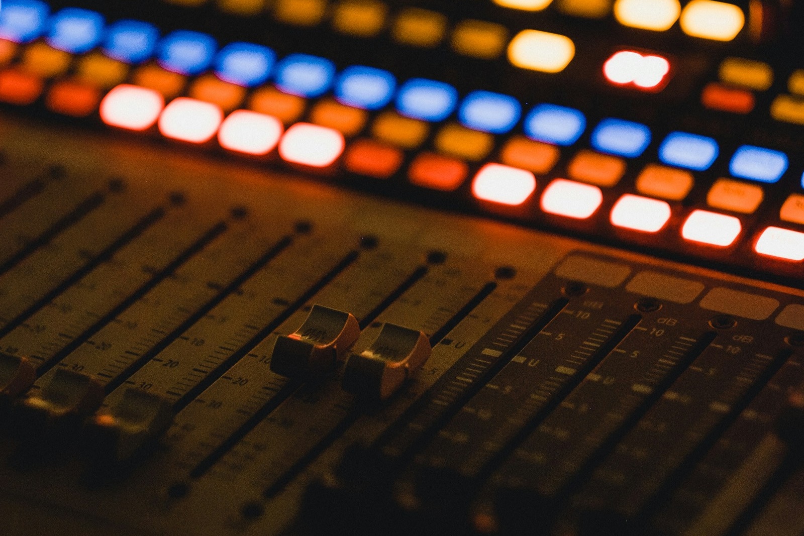 A glowing mixing desk